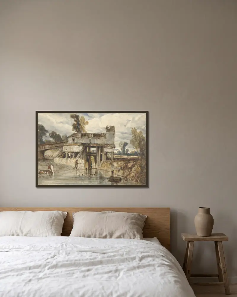 Landschap met watermolen av Alexandre-Gabriel Decamps inramad på en vägg