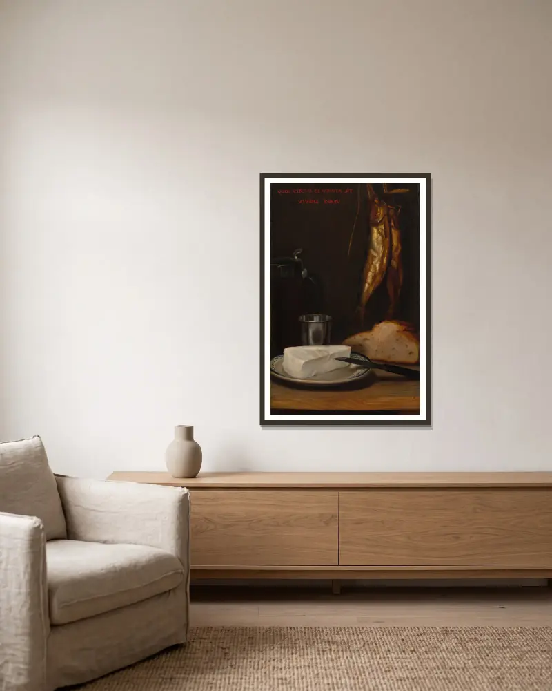 Still Life with Herring, Bread, and Cheese av Alexandre-Gabriel Decamps inramad på en vägg
