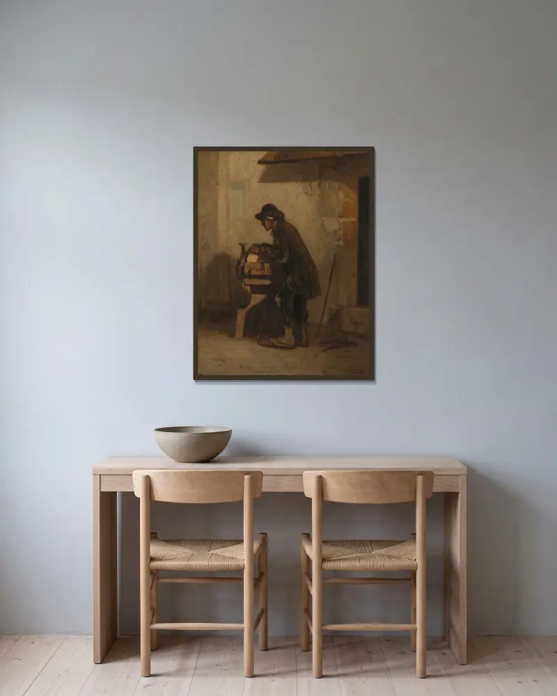 Der Scherenschleifer von Alexandre-Gabriel Decamps gerahmt an einer Wand