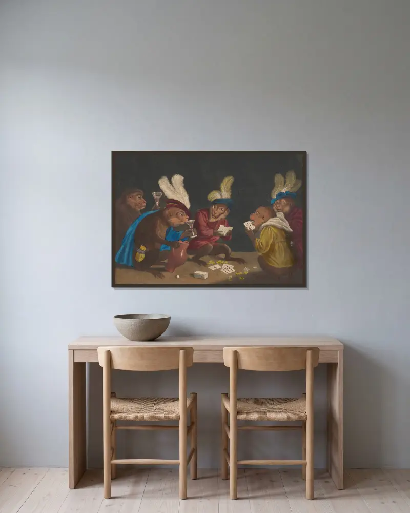 The Singerie [Five monkeys playing cards] av Alexandre-Gabriel Decamps inramad på en vägg