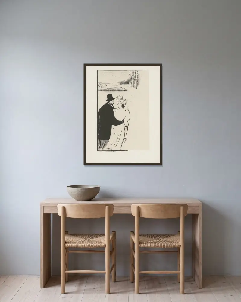 Par på promenad på en väg mot ett hus av Henri-Gabriel Ibels inramad på en vägg