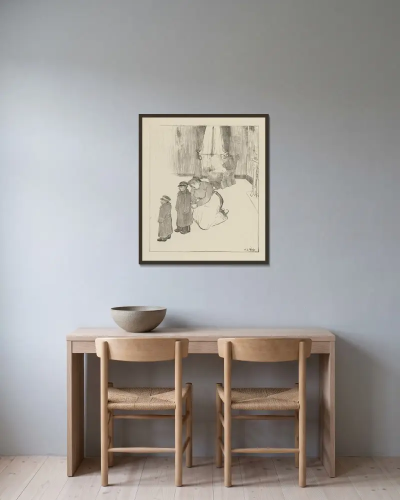 Interieur mit Zeitung lesendem Mann und kniender Frau neben zwei Jungen von Henri-Gabriel Ibels gerahmt an einer Wand