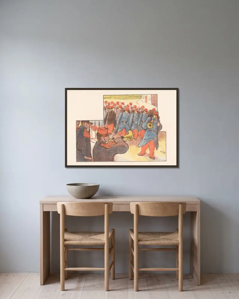 Militärparade von Henri-Gabriel Ibels gerahmt an einer Wand