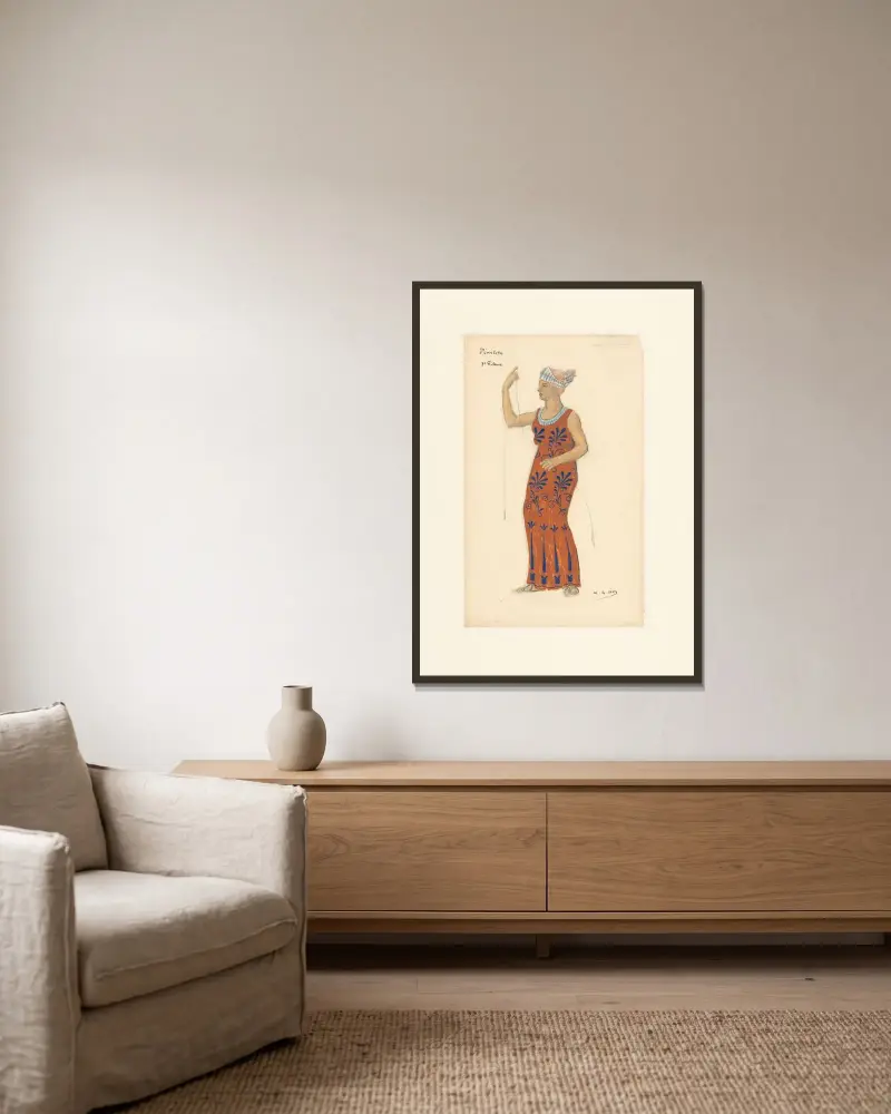Pénélope – maquette de costume – Alcandre, troisième fileuse (Cécile Rex ou Alice Gauthier) av Henri-Gabriel Ibels inramad på en vägg