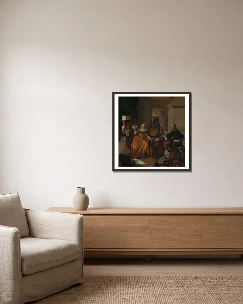 Eine musikalische Zusammenkunft von Gabriel Metsu gerahmt an einer Wand