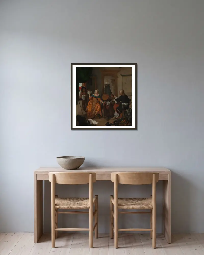 Eine musikalische Zusammenkunft von Gabriel Metsu gerahmt an einer Wand