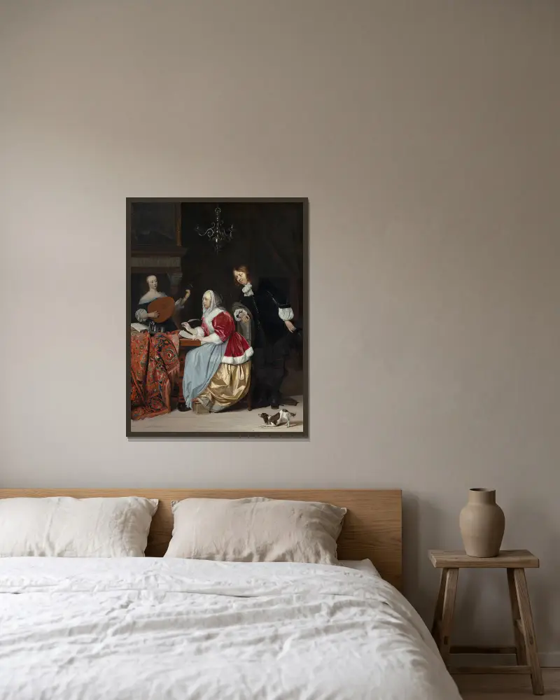 A Young Woman Composing a Piece of Music av Gabriel Metsu inramad på en vägg
