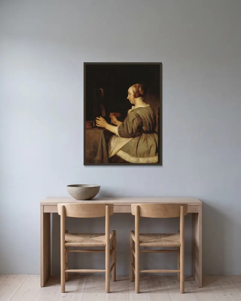 Femme au miroir av Gabriel Metsu inramad på en vägg
