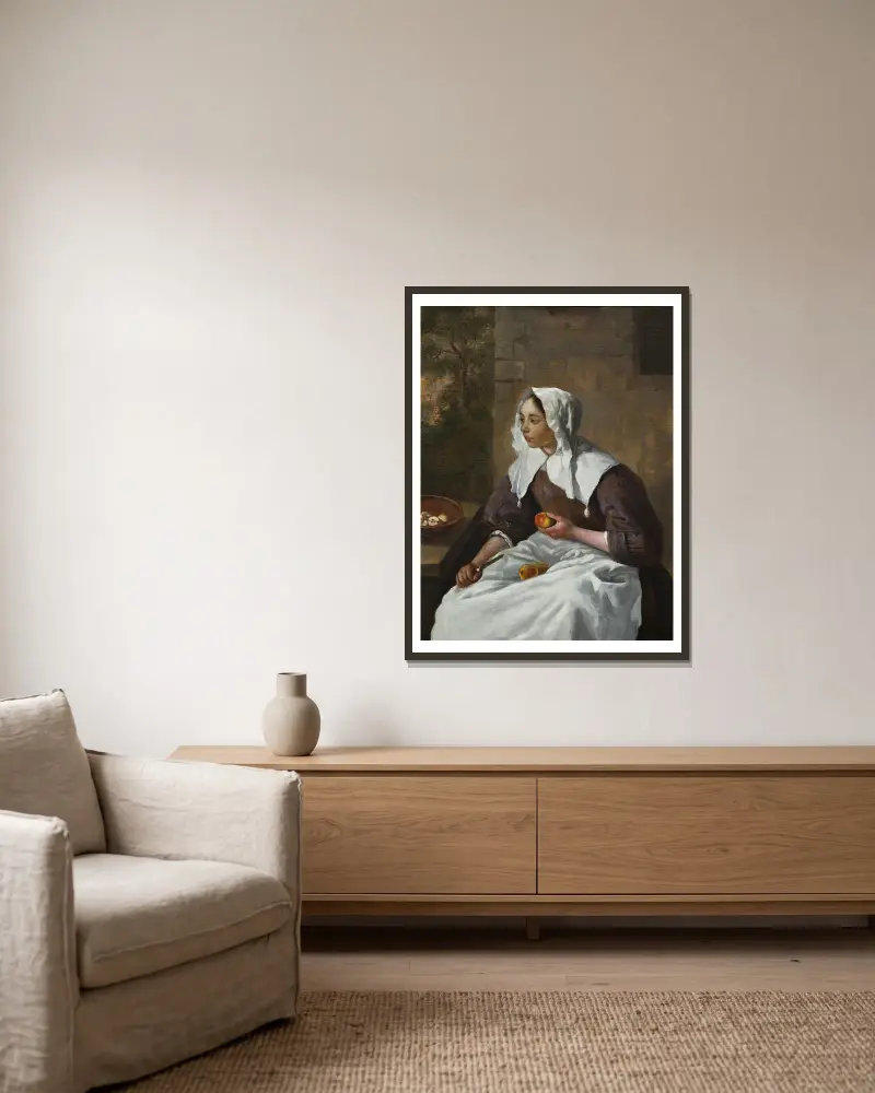 Mädchen beim Äpfelschälen von Gabriel Metsu gerahmt an einer Wand