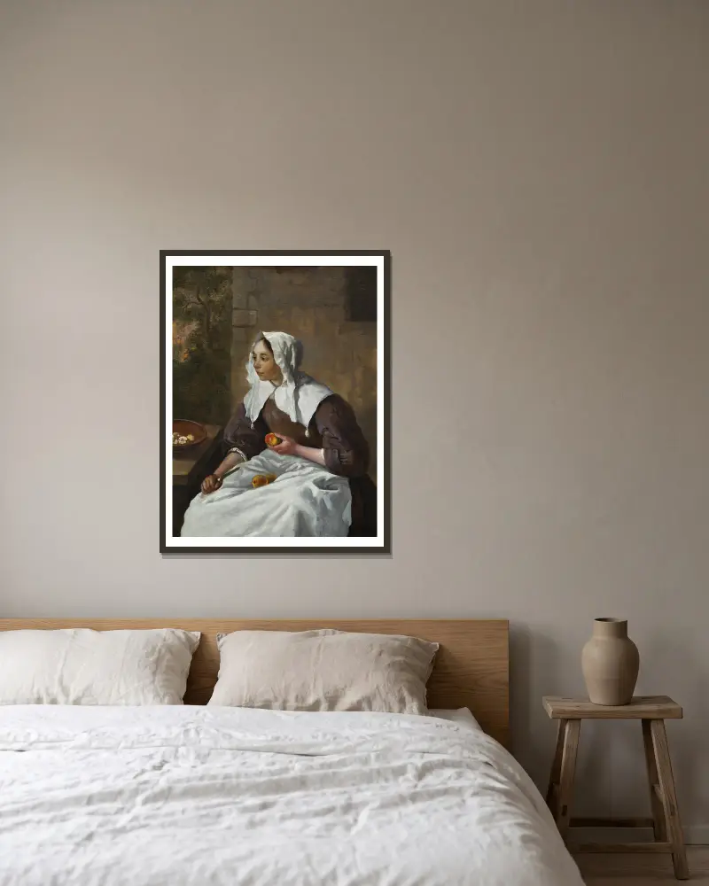 Mädchen beim Äpfelschälen von Gabriel Metsu gerahmt an einer Wand