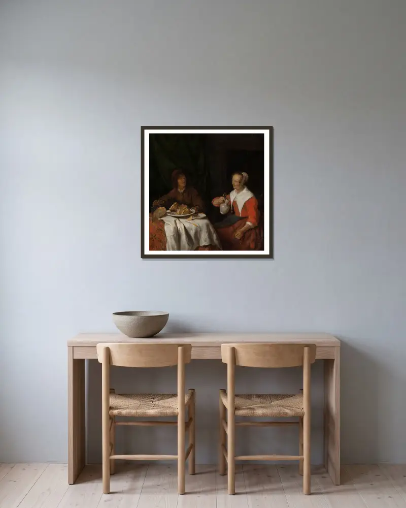 Man and Woman at a Meal av Gabriel Metsu inramad på en vägg