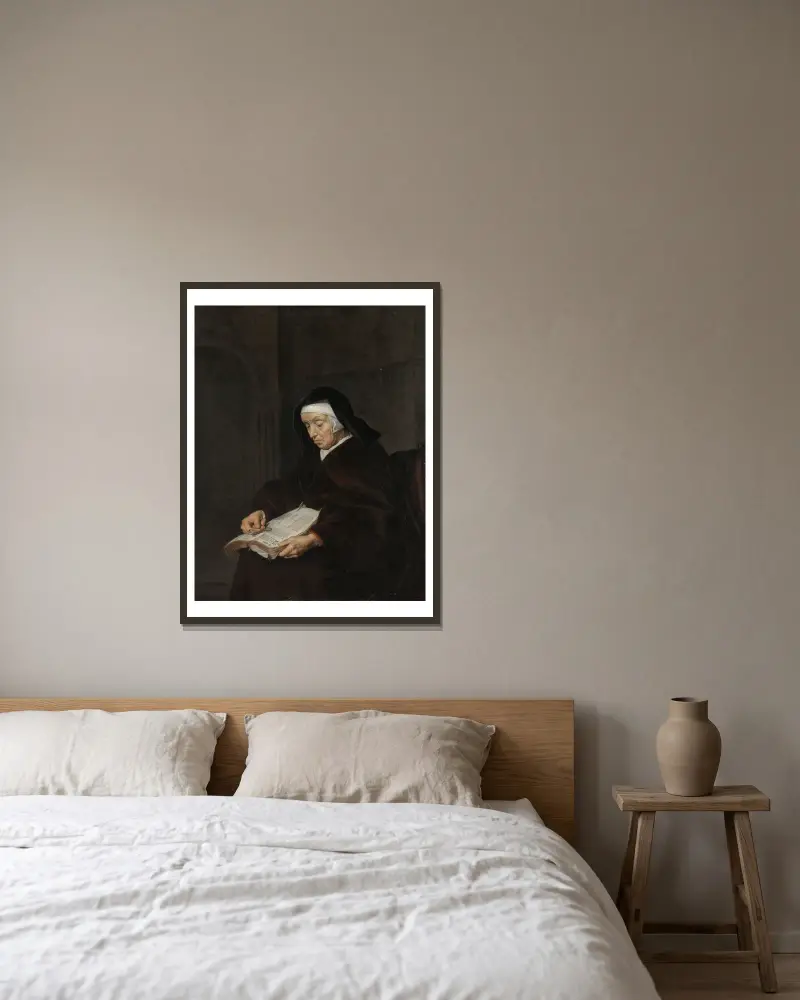 Old Woman Meditating av Gabriel Metsu inramad på en vägg