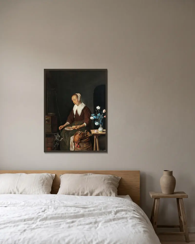 Kočičí snídaně, Gabriel Metsu v rámu na stěně