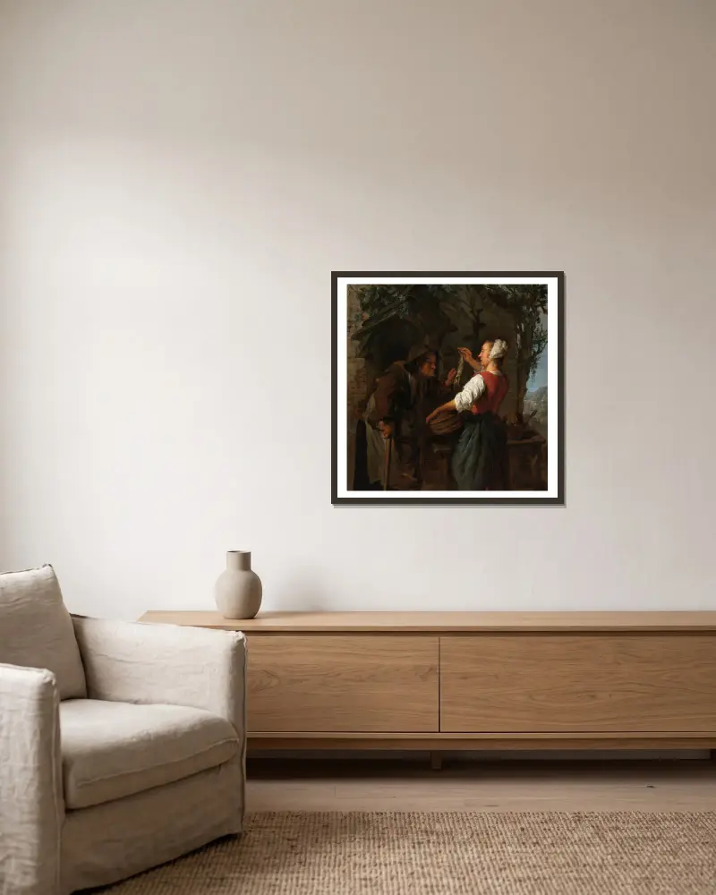 Der Heringsverkäufer von Gabriel Metsu gerahmt an einer Wand
