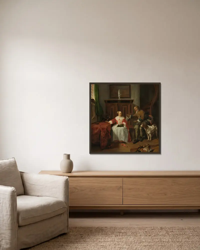 Jägarens present, Gabriel Metsu v rámu na stěně