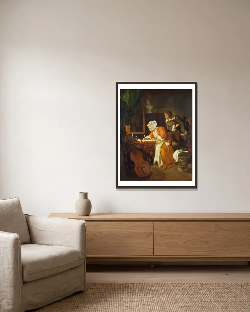 Der überraschte Briefschreiber von Gabriel Metsu gerahmt an einer Wand