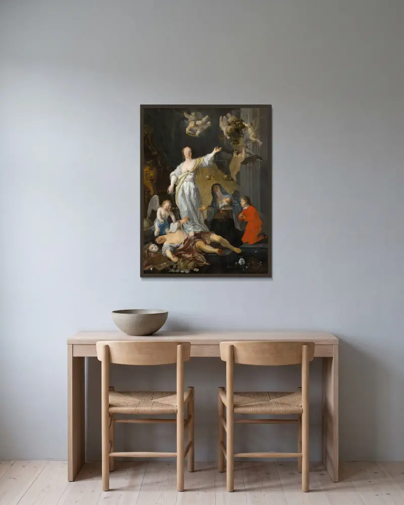 The Triumph of Justice av Gabriel Metsu inramad på en vägg