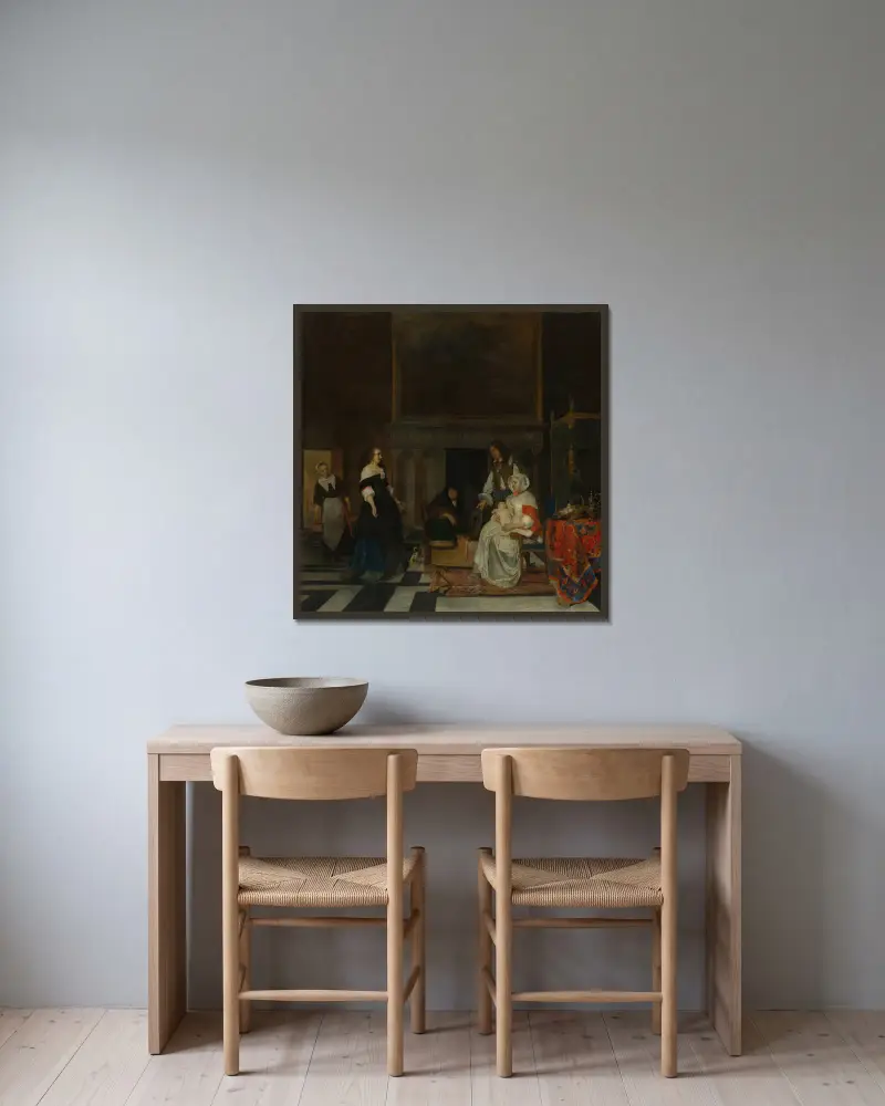 The Visit to the Nursery av Gabriel Metsu inramad på en vägg