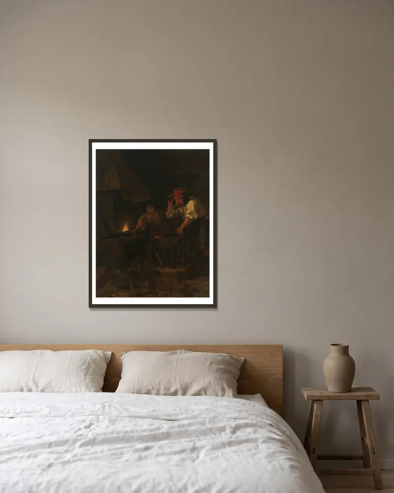 Der Waffenschmied von Gabriel Metsu gerahmt an einer Wand