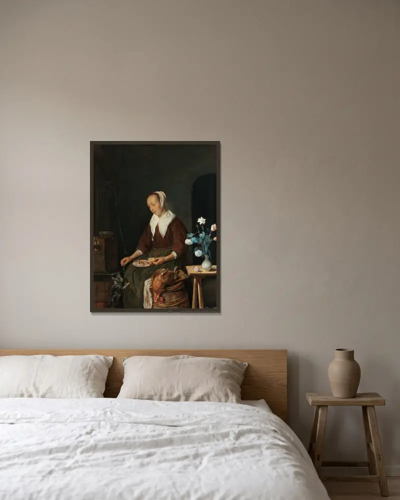 Woman Eating, Known as ‘The Cat’s Breakfast’ av Gabriel Metsu inramad på en vägg
