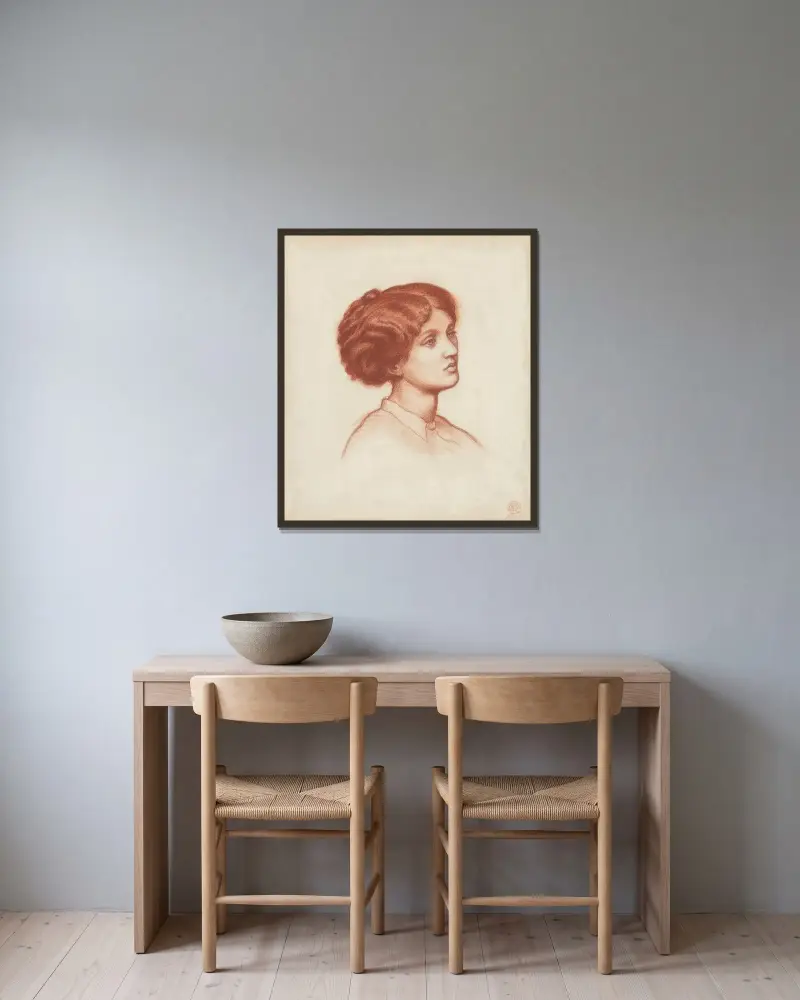 A study of Mrs Frederick Leyland, bust-length, for ‘Monna Rosa’ av Dante Gabriel Rossetti inramad på en vägg