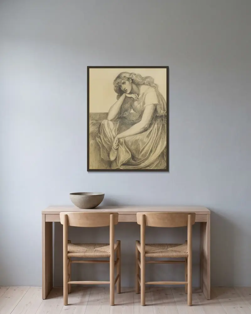 Desdemona’s Death Song – Drapery Study av Dante Gabriel Rossetti inramad på en vägg