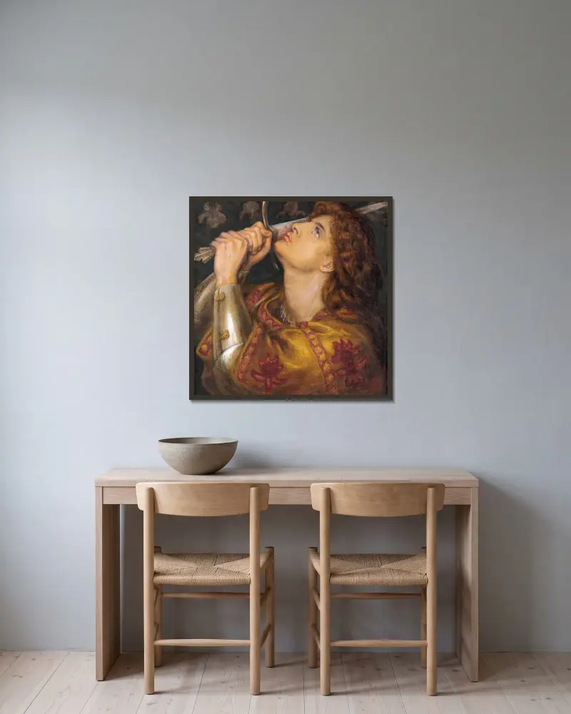 Joan of Arc av Dante Gabriel Rossetti inramad på en vägg