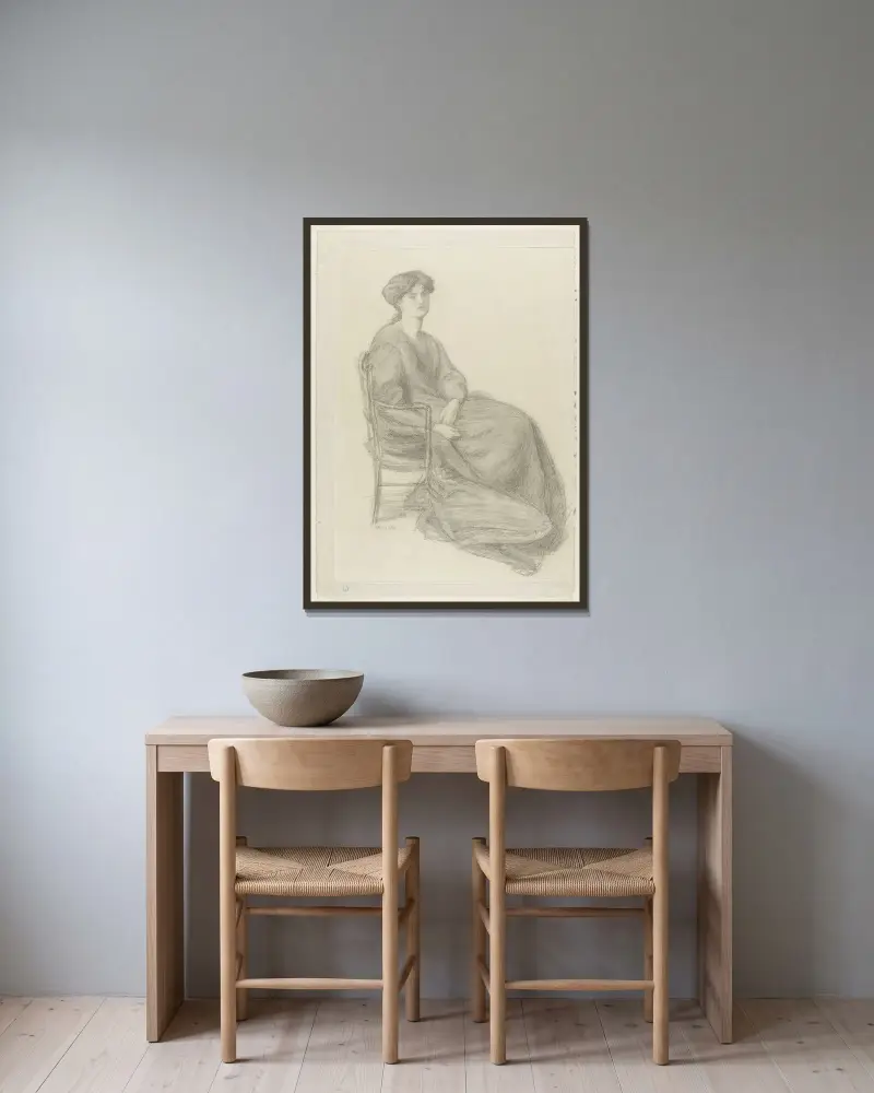 Mrs. William Morris Seated in Chair av Dante Gabriel Rossetti inramad på en vägg