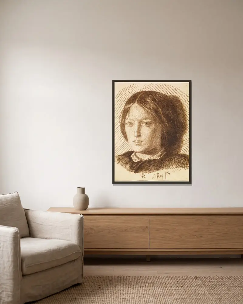 Portrait of Emma Madox Brown av Dante Gabriel Rossetti inramad på en vägg