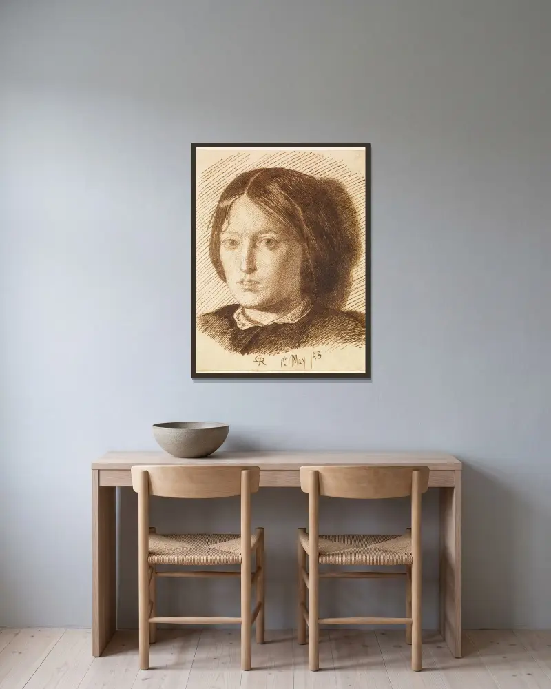 Portrait of Emma Madox Brown av Dante Gabriel Rossetti inramad på en vägg