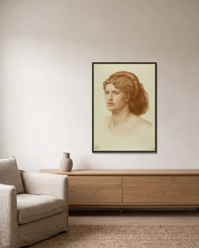 Portrait of fanny cornforth, head and shoulders av Dante Gabriel Rossetti inramad på en vägg