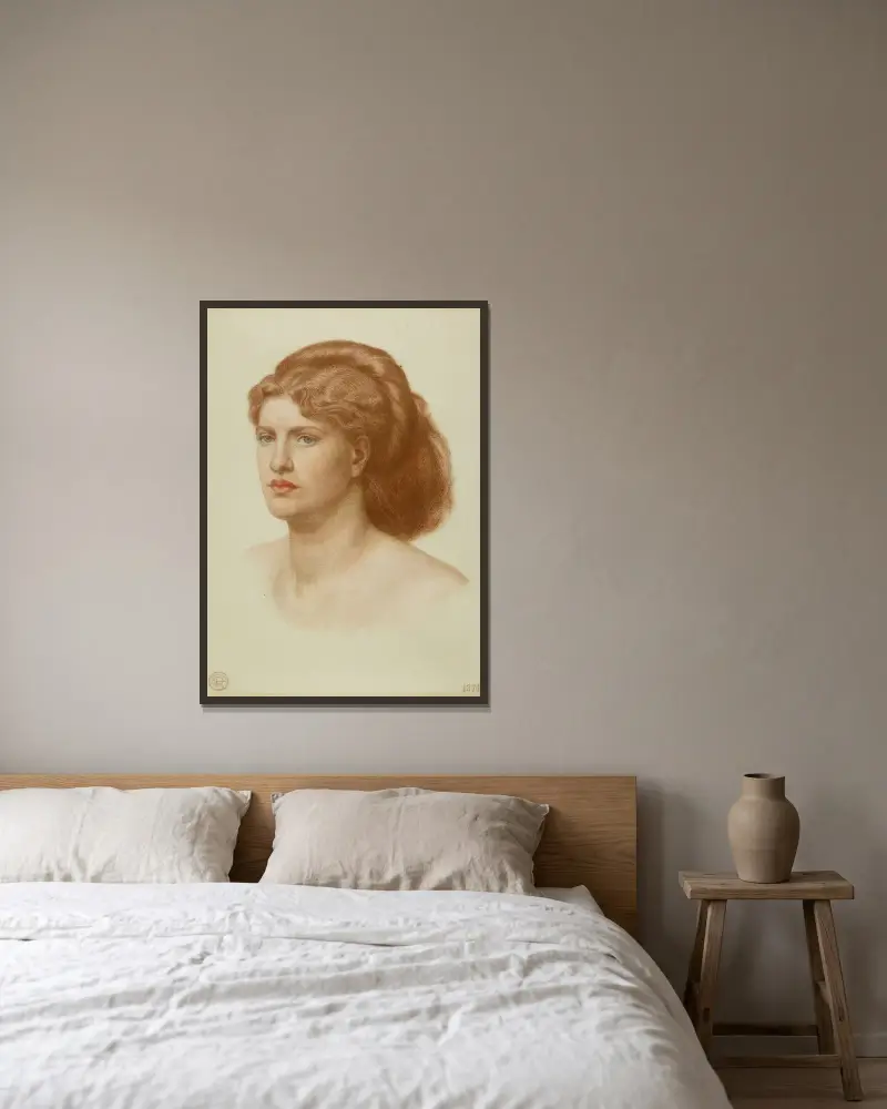 Portrait of fanny cornforth, head and shoulders av Dante Gabriel Rossetti inramad på en vägg