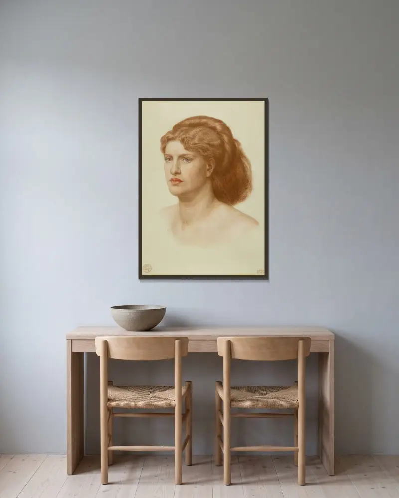 Portrait of fanny cornforth, head and shoulders av Dante Gabriel Rossetti inramad på en vägg