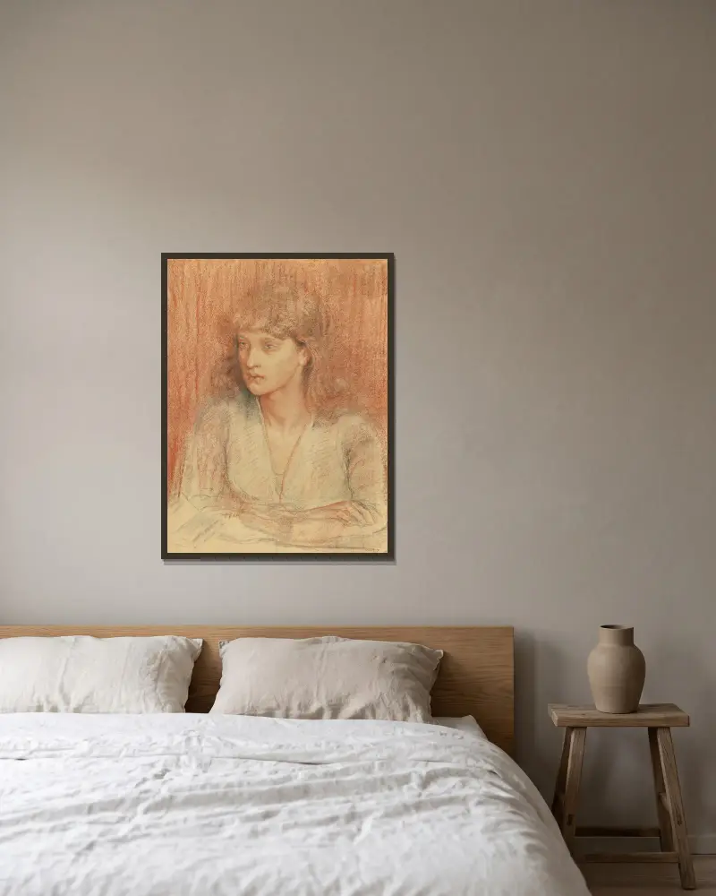 Portrait Of May Morris av Dante Gabriel Rossetti inramad på en vägg