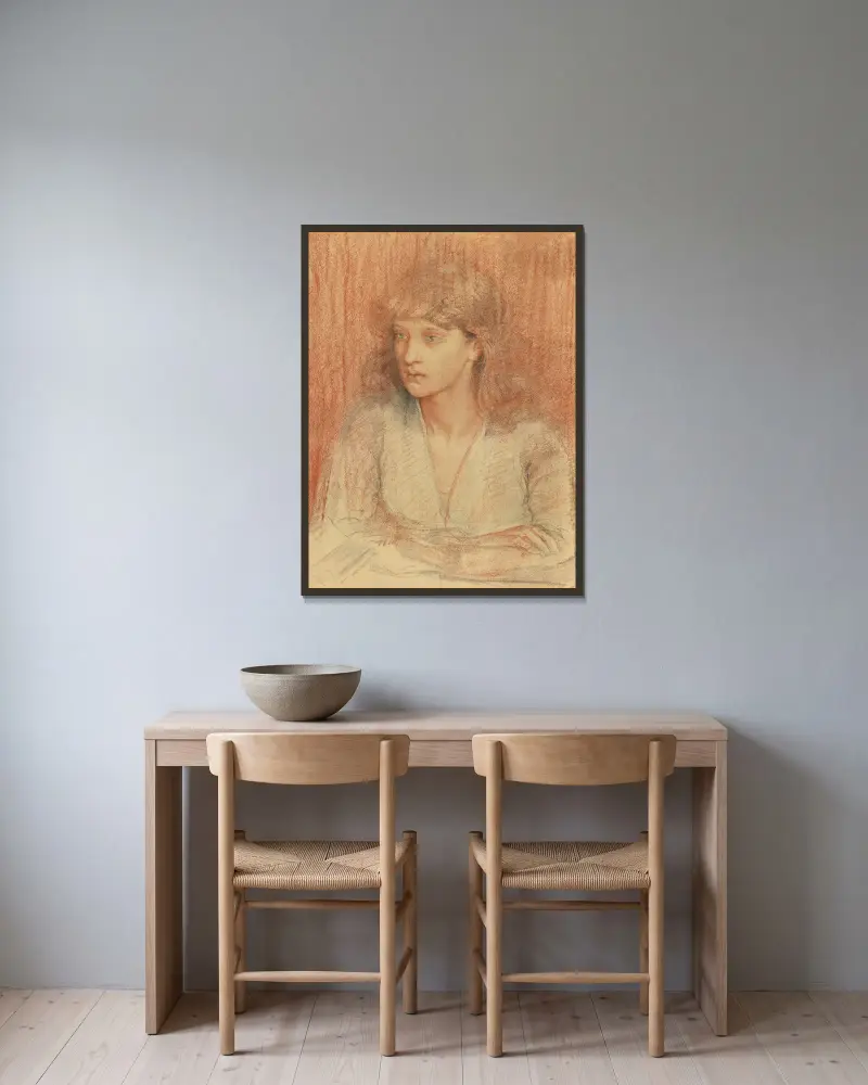 Portrait Of May Morris av Dante Gabriel Rossetti inramad på en vägg