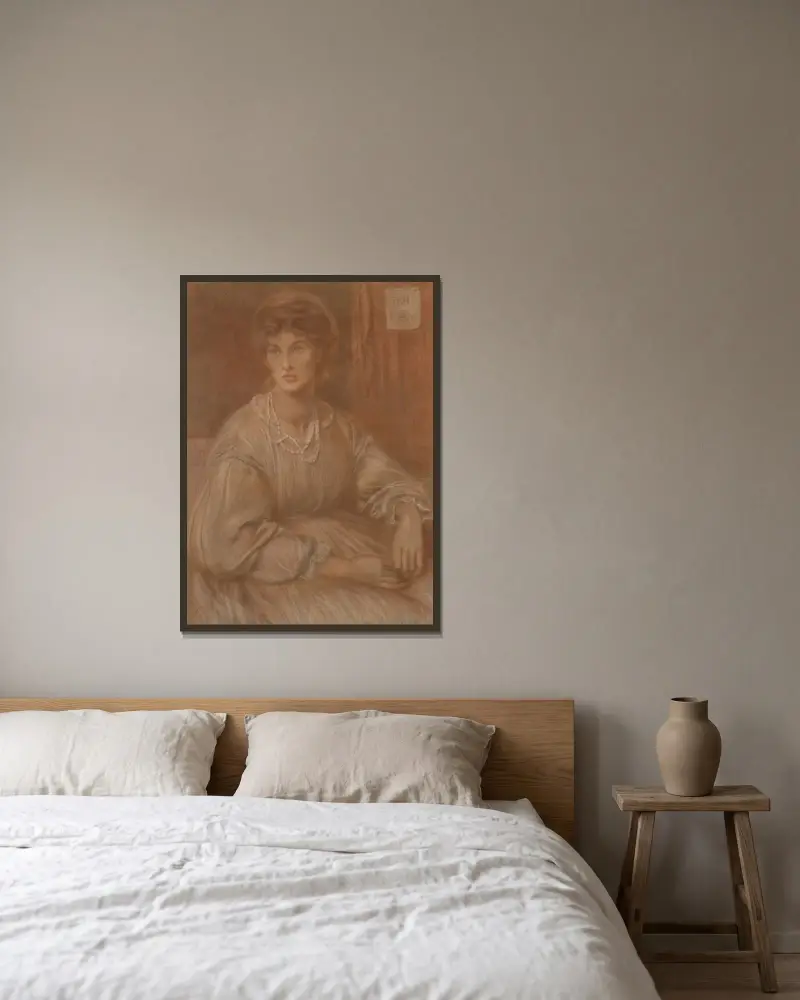 Portrait of Mrs Charles Howell av Dante Gabriel Rossetti inramad på en vägg