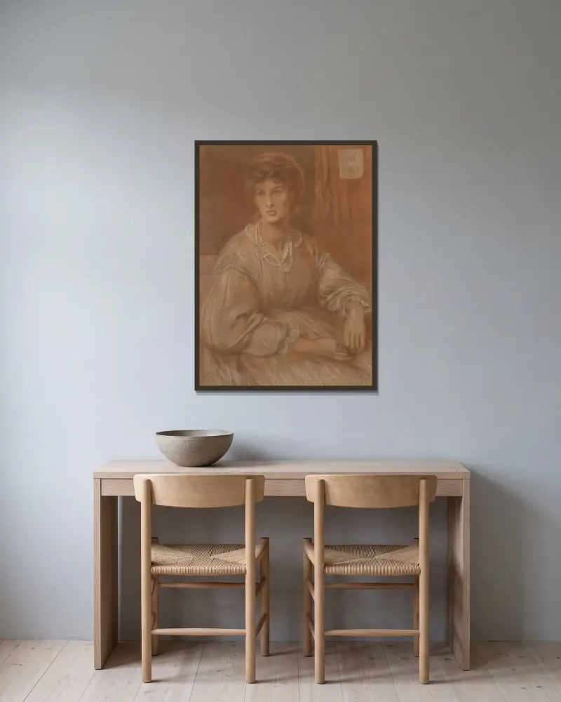 Portrait of Mrs Charles Howell av Dante Gabriel Rossetti inramad på en vägg