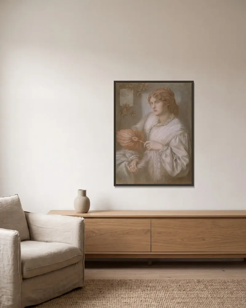 Portrait of woman with a fan av Dante Gabriel Rossetti inramad på en vägg