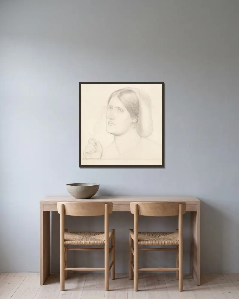 Regina Cordium – Study of Mrs Aldam Heaton av Dante Gabriel Rossetti inramad på en vägg