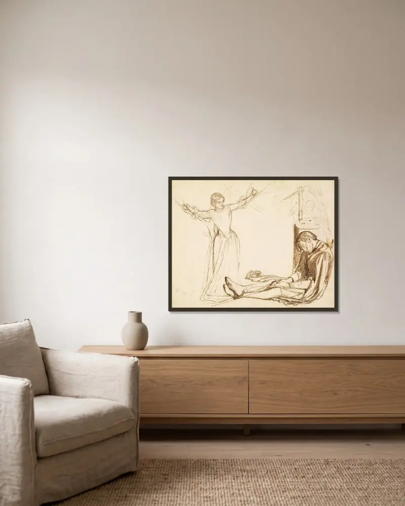 Study for the figures of Guenevere and Launcelot av Dante Gabriel Rossetti inramad på en vägg