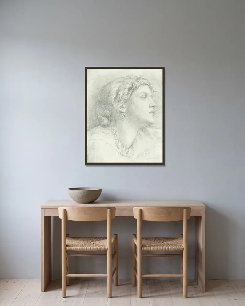Studie von Fanny Cornforth von Dante Gabriel Rossetti gerahmt an einer Wand