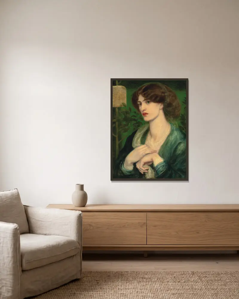 The Salutation Of Beatrice av Dante Gabriel Rossetti inramad på en vägg