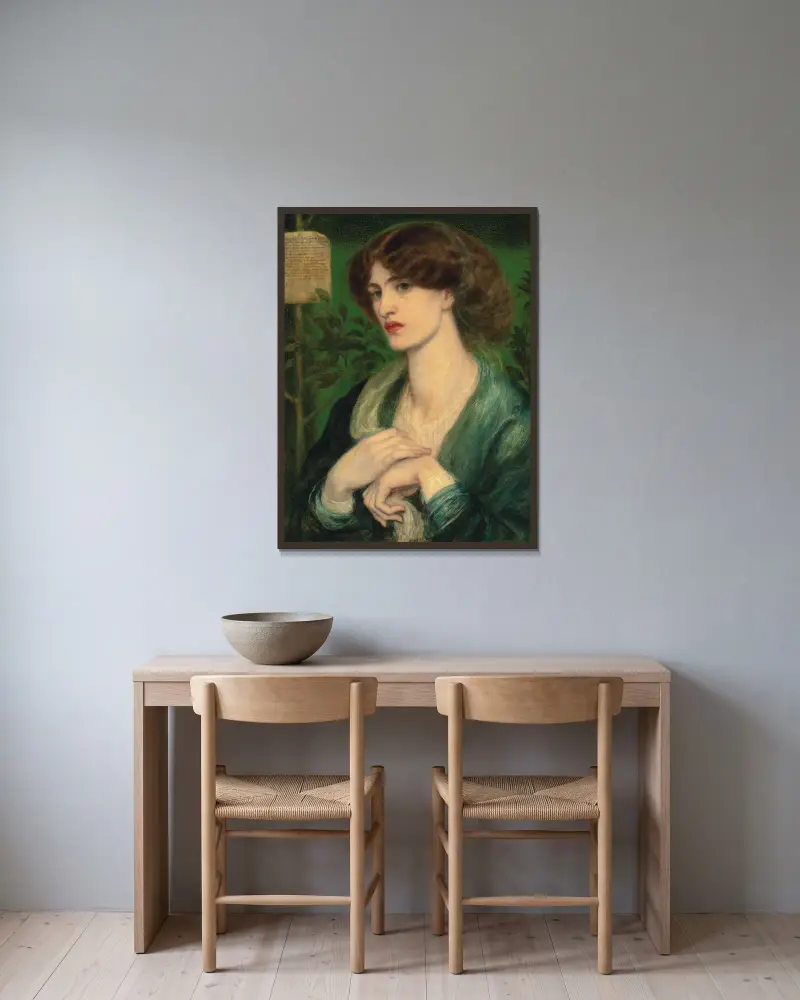 The Salutation Of Beatrice av Dante Gabriel Rossetti inramad på en vägg