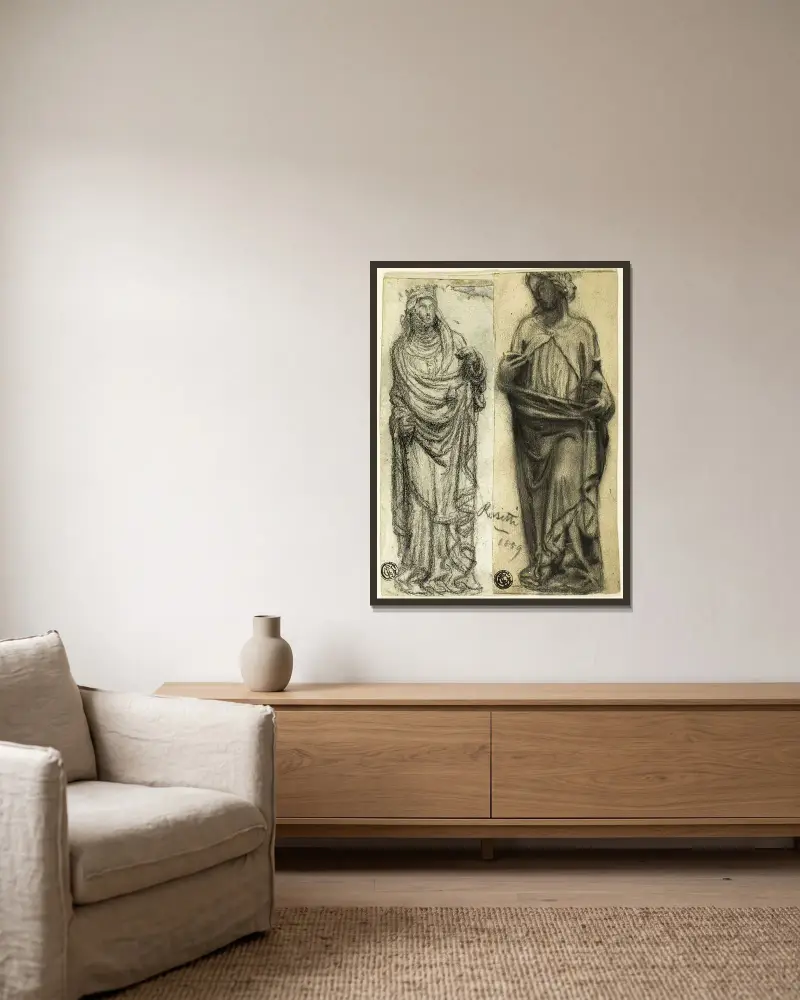 Two Studies of Medieval Sculpture av Dante Gabriel Rossetti inramad på en vägg