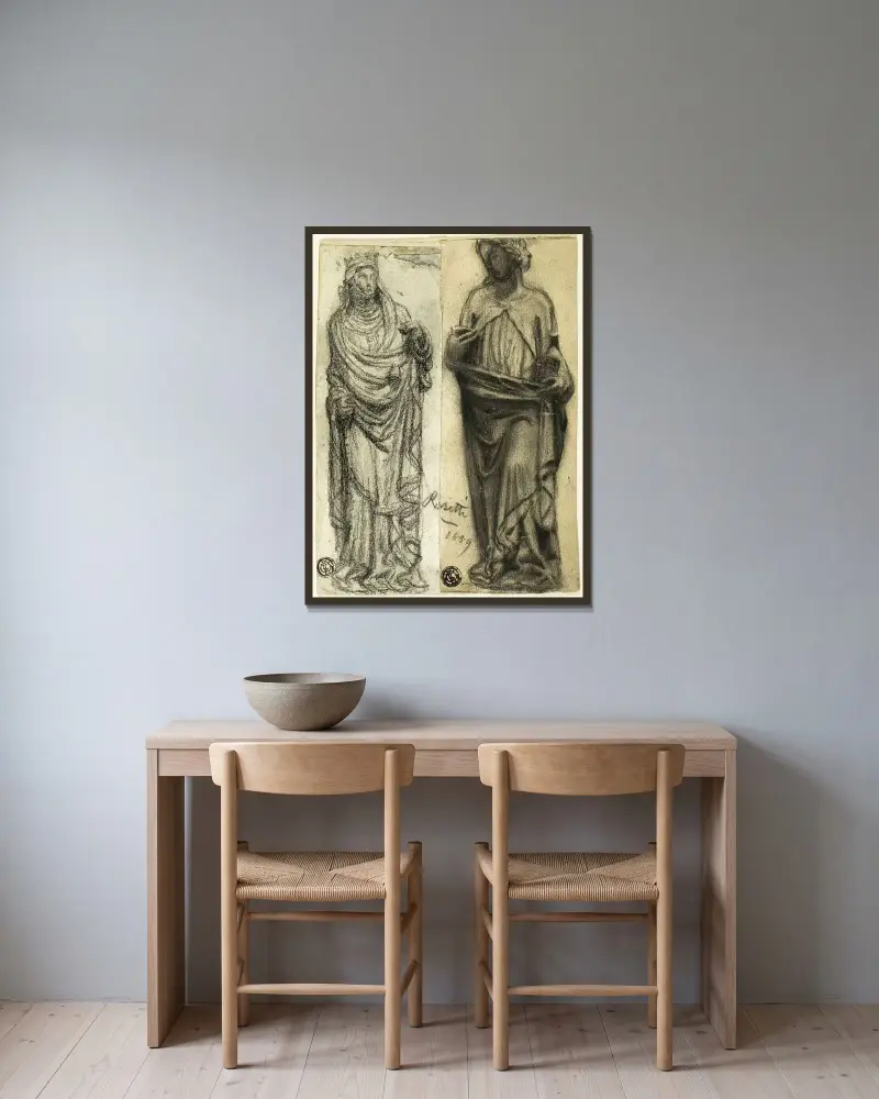 Two Studies of Medieval Sculpture av Dante Gabriel Rossetti inramad på en vägg