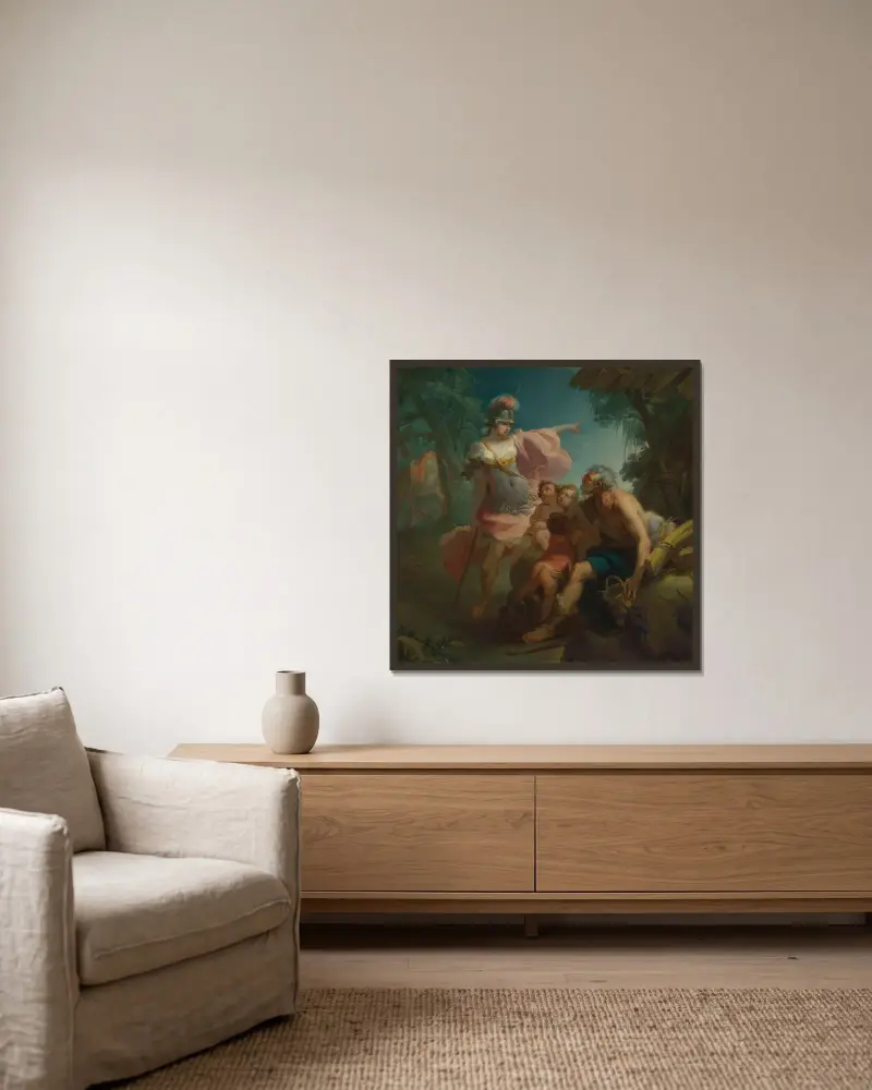 Erminia amongst the Shepherds av Gaetano Gandolfi inramad på en vägg