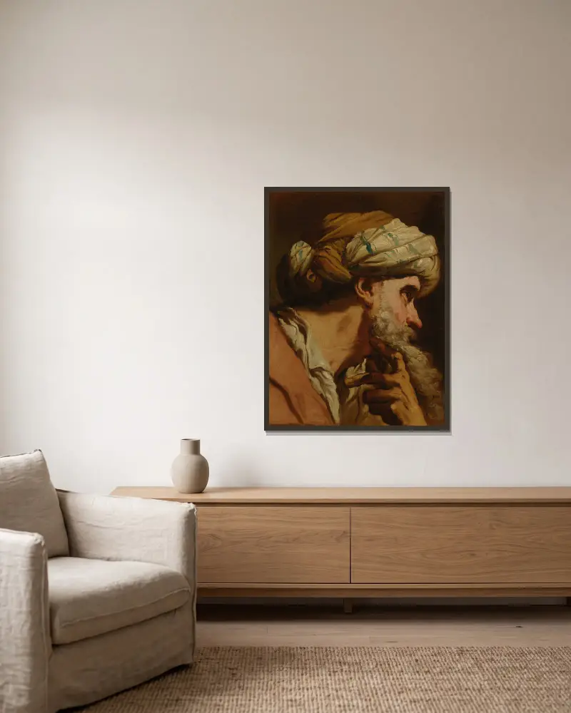 Head of a Man in Oriental Costume av Gaetano Gandolfi inramad på en vägg