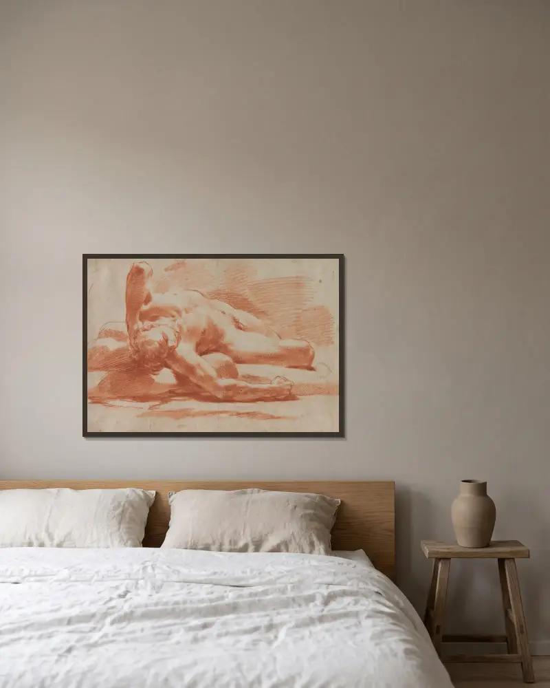Reclining Male Nude av Gaetano Gandolfi inramad på en vägg