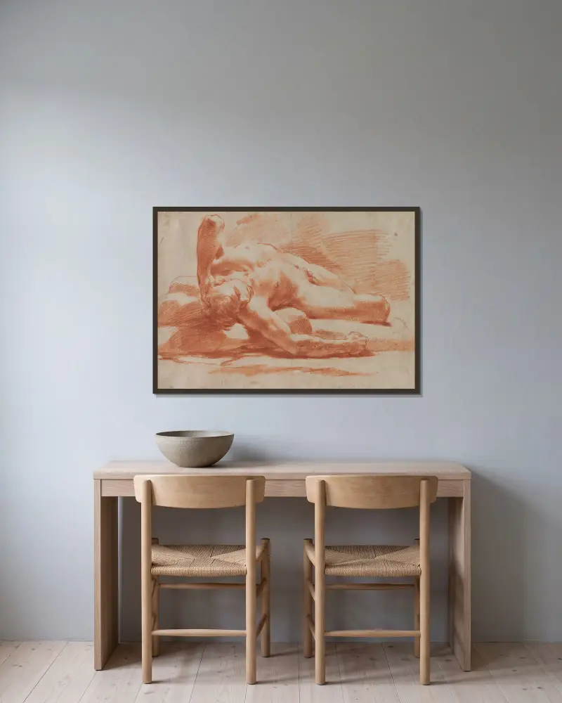 Reclining Male Nude av Gaetano Gandolfi inramad på en vägg