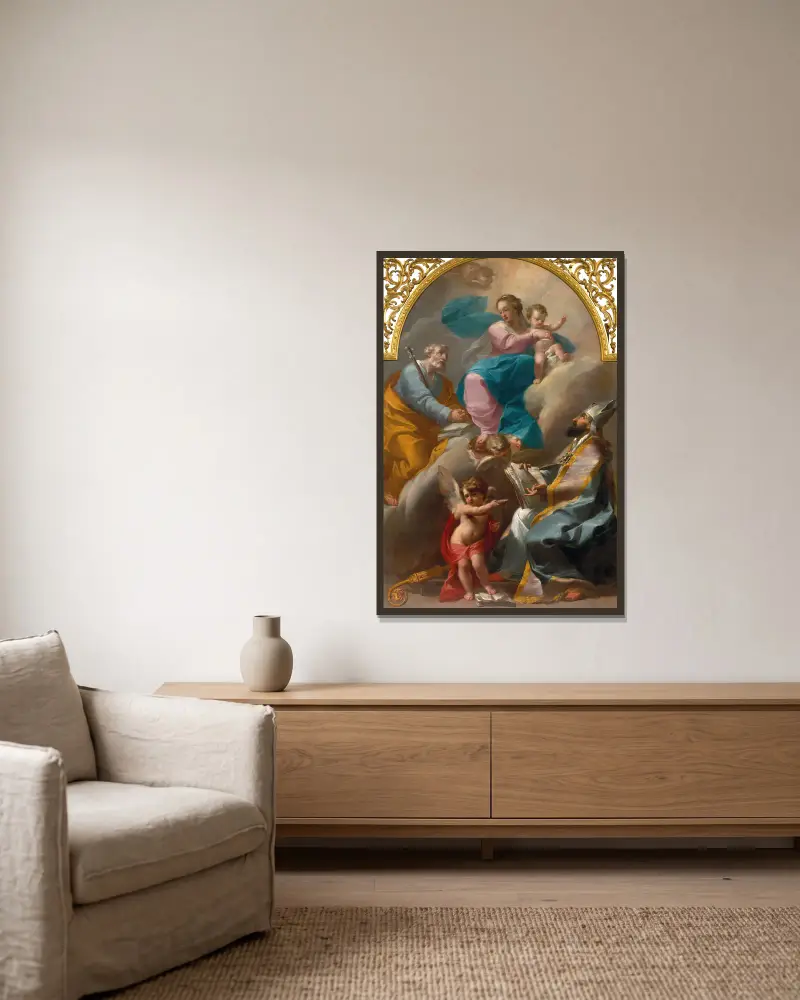 The Holy Family with Saint Augustine av Gaetano Gandolfi inramad på en vägg